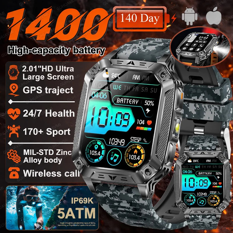 2026 Military 5ATM Waterproof Smart Watch Men 1400mAh Battery GPS Tracks 2.01" HD AMOLED Bluetooth call Sport Fitness Smartwatch