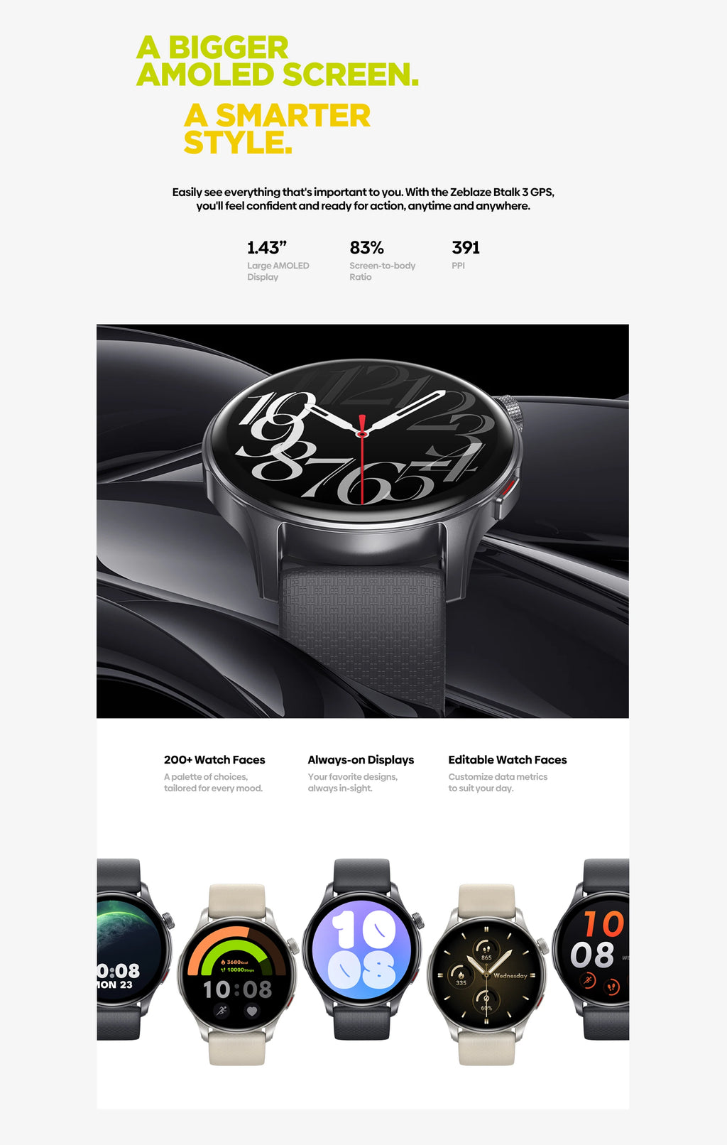 New Zeblaze Btalk 3 GPS Smartwatch 1.43" AMOLED Screen Dual Straps Make/Answer Phone Calls Heart Rate SpO2 Stress Tracking Watch