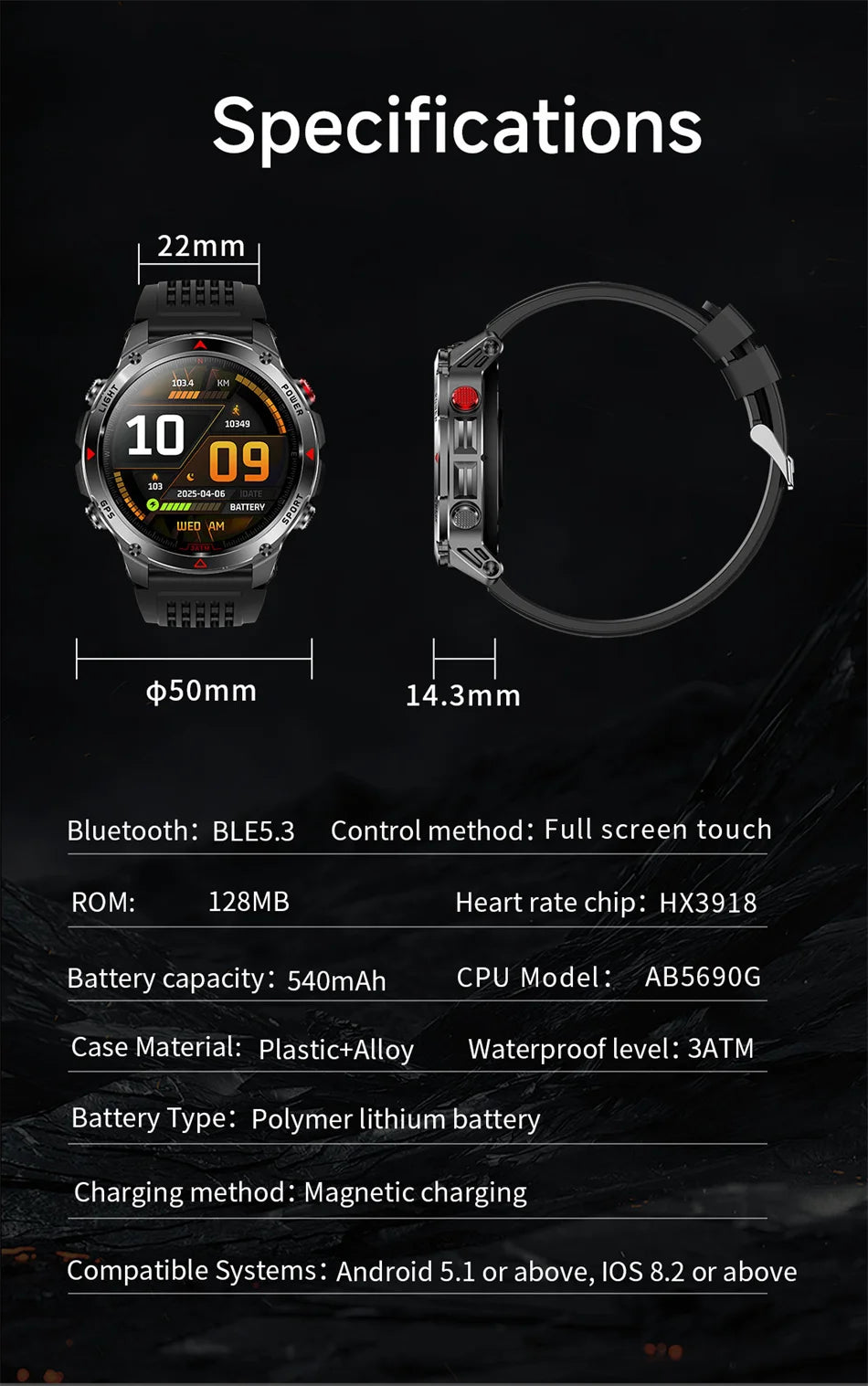T-Rex 3 Built-in Dual-band GPS Smart Watch Men Smartwatch Compass Altimeter Barometric 5ATM IP69K Waterproof AMOLED HD Watches