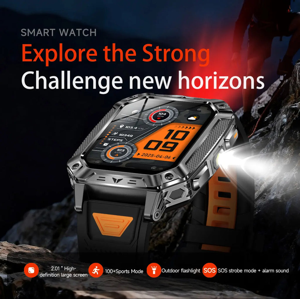 2026 Outdoors Durable Men Sports Smart Watch 1400mAh Battery LED Flashlight IP69K Waterproof Bluetooth Call Military Smartwatchs