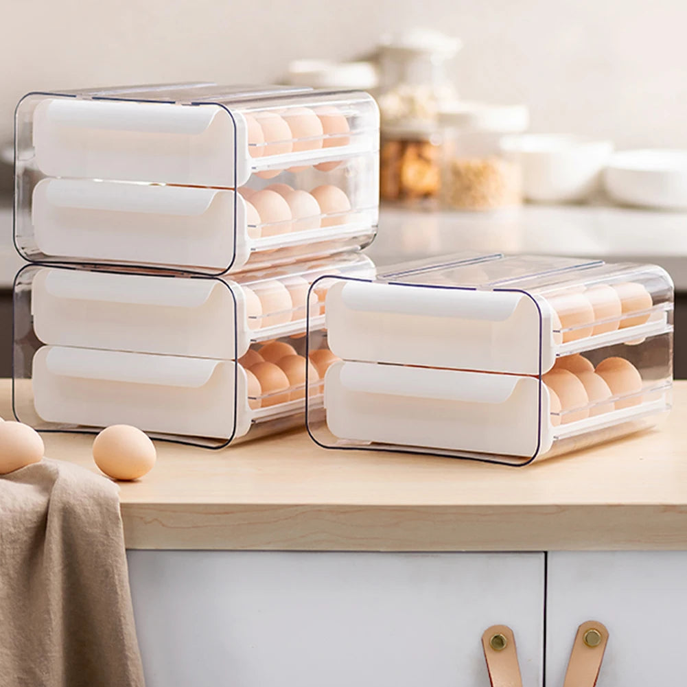Double-Layer Egg Storage Drawer Box, Holds 32 Eggs, Transparent Body, Easy Access, White