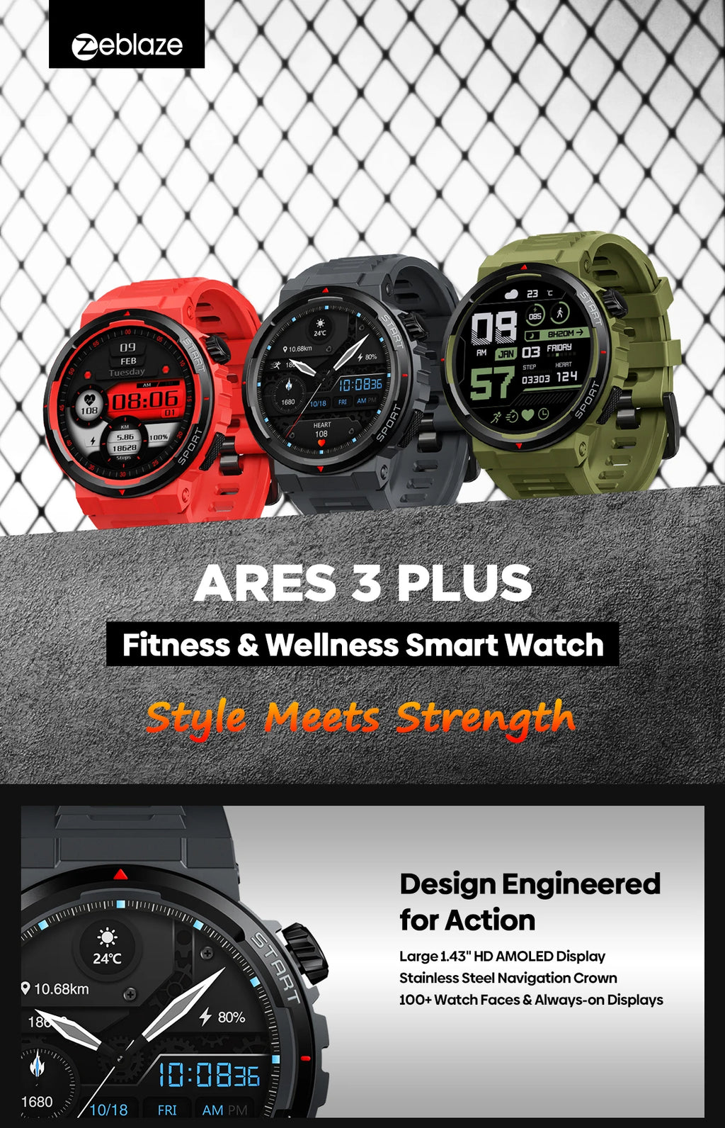 New Zeblaze Ares 3 Plus 1.43'' HD AMOLED Display Smartwatch Voice Calling New 3D Interactive 100+ Sports Modes Smart Watch Men
