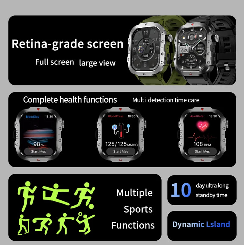 G.L Wear New Military Smart Watch Men Outdoor Sports Fitness Tracker Health Monitor 2.19 inch Bluetooth Talk Smart Watch