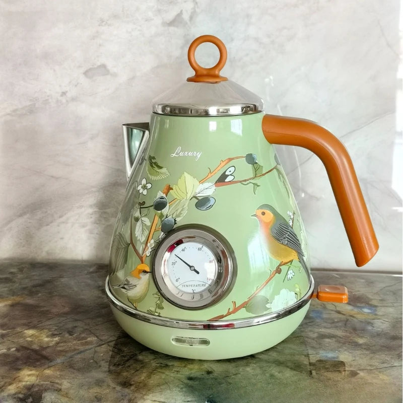 Automatic Power Off Retro Green Paint Decal Electrc Kettle Boiling Water with Thermometer 304stainless Steel 1850w 1.7L