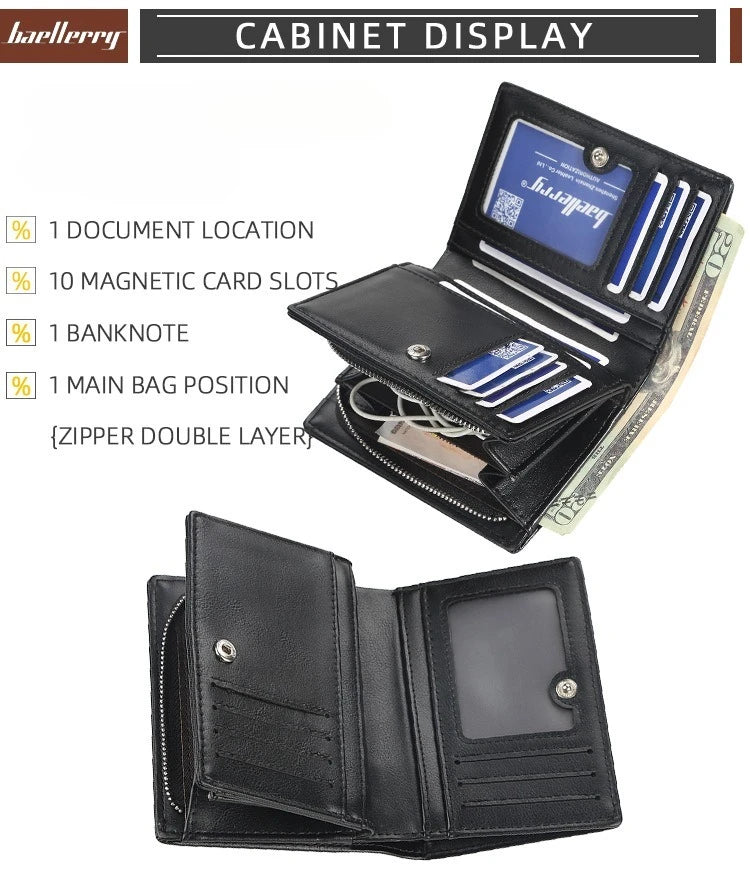 Baellerry Men PU Leather short Wallet With Zipper Coin Pocket Vintage Big Capacity Male Short Money Purse Card Holder