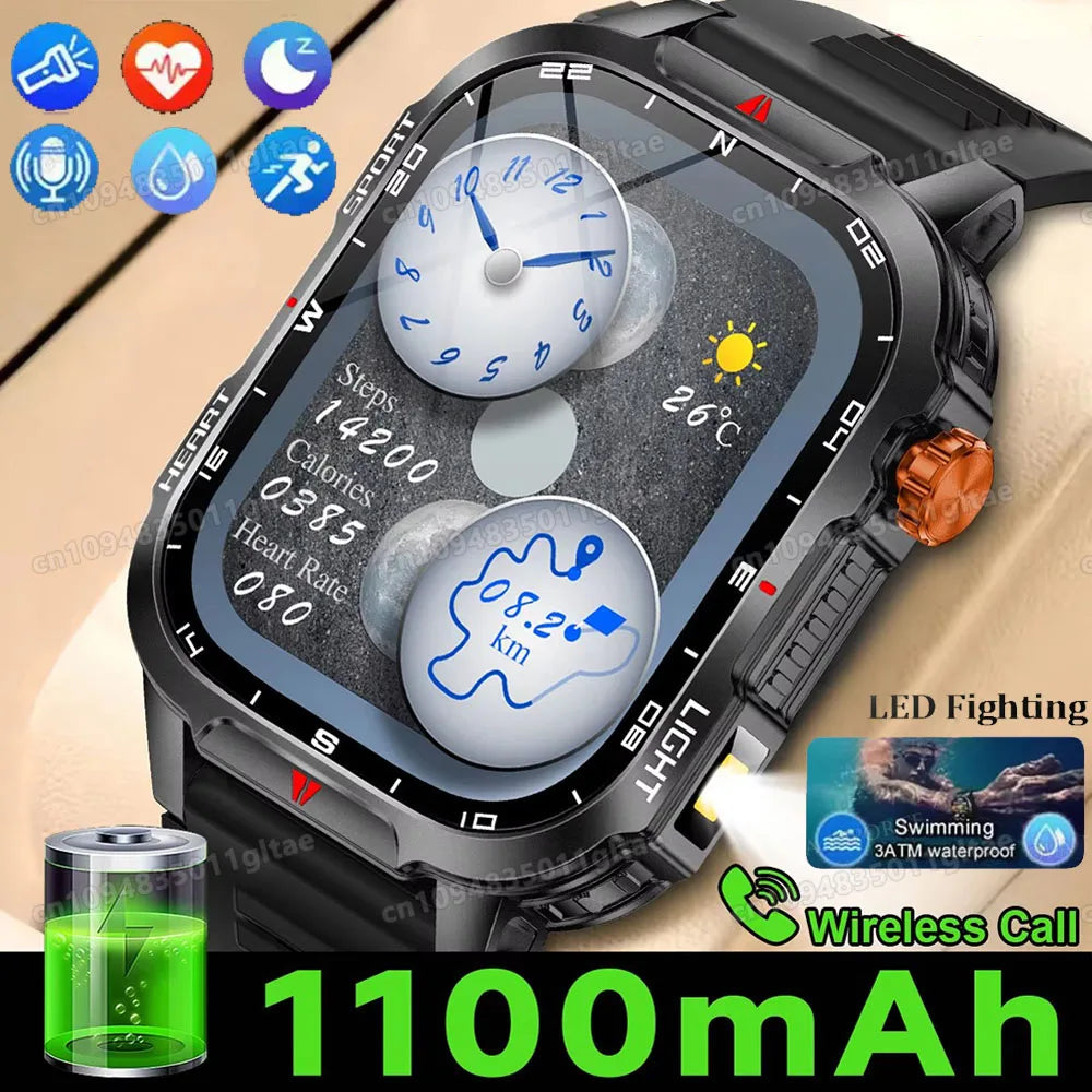 Military Outdoor Smart Watch Men’s GPS Tracking Flashlight Bluetooth Call 2.01" AMOLED Screen 5ATM Waterproof Sports Smartwatch