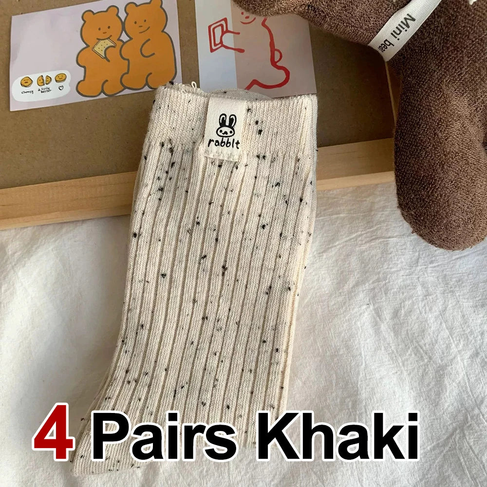 4 Pairs Women Cartoon Print Mid Tube Socks Fashionable Spring Summer Sweat Absorbing Breathable Soft Comfortable Casual Socks