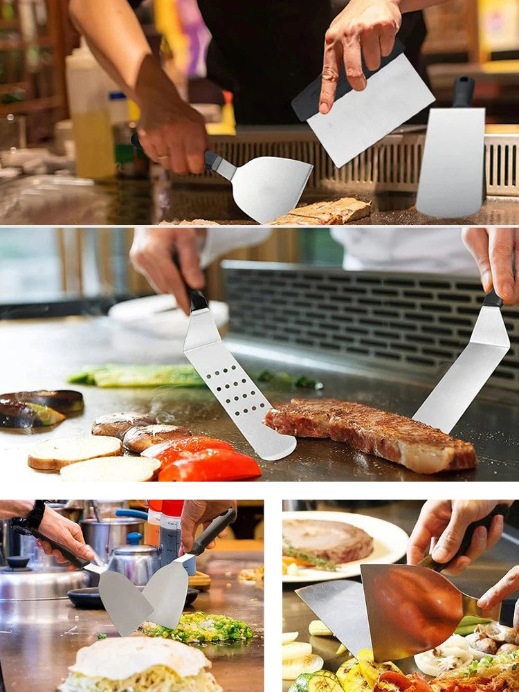Onilini Griddle Accessories Kit BBQ Tools 6 Pieces Set Stainless Steel Spatulas with Carry Bag Scraper for Outdoor Barbecue