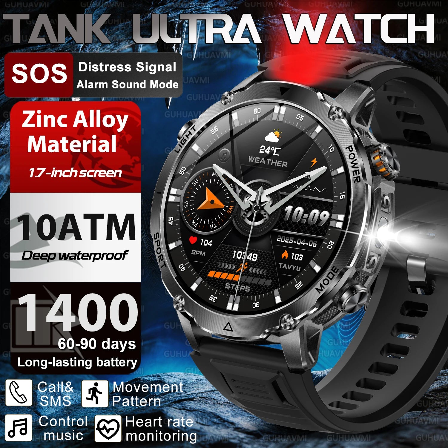 2026New 1.7 inches TANK SmartWatch Military Grade Durability 1400mah Battery HD Call 10ATM Waterproof Flashlight Sport Watch Men