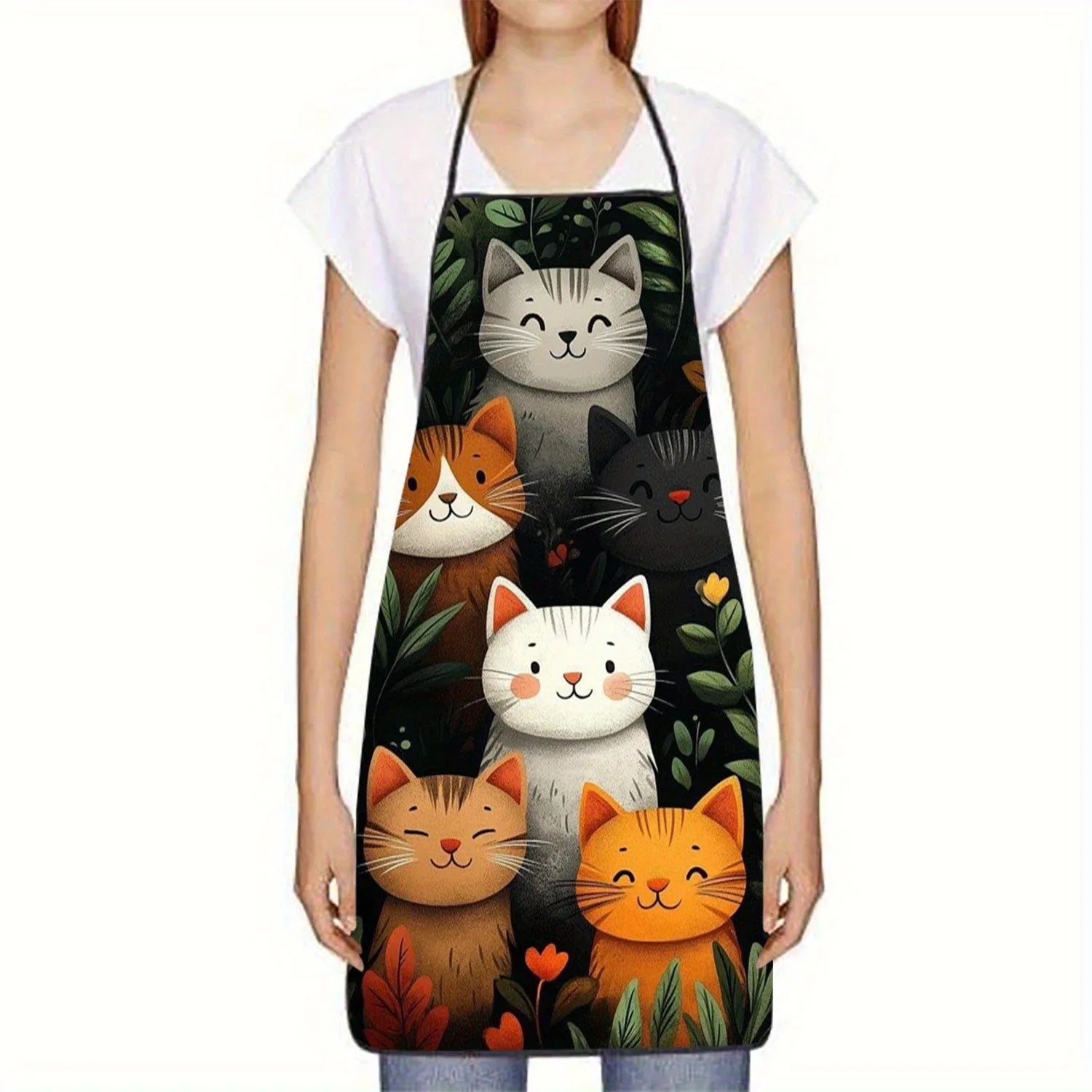 Cute Cat Pattern Polyester Apron  Vibrant Cartoon Cats with Hearts & Stars DesignKitchen Apron for Cooking, Baking Home Decor