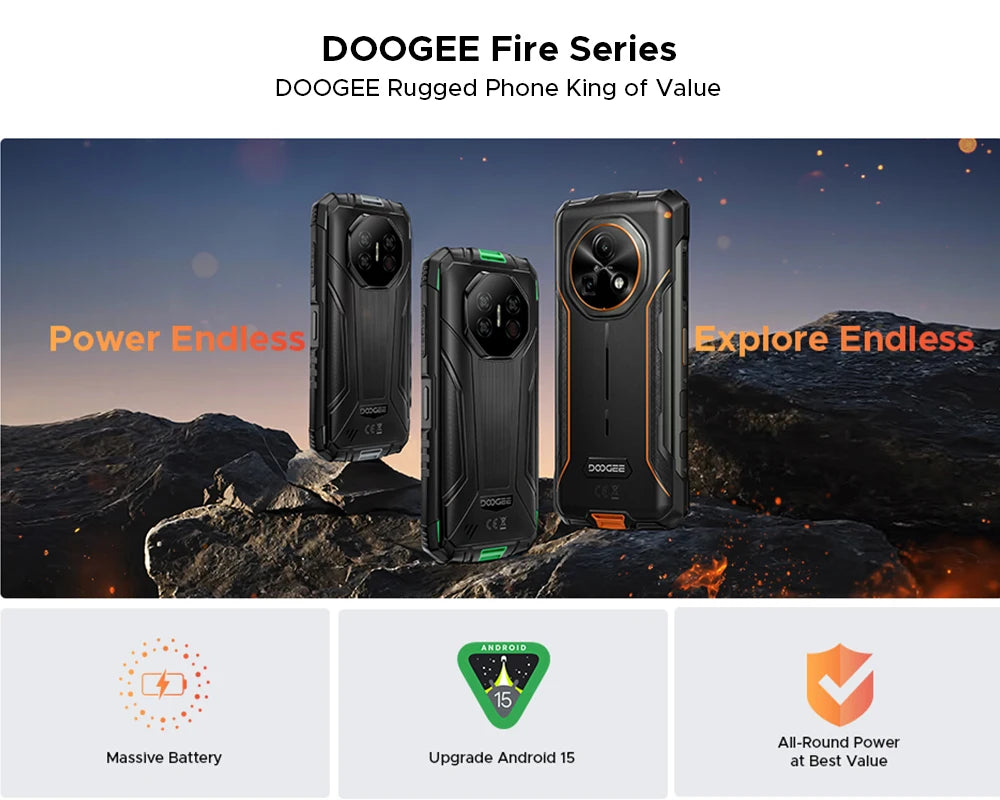 Global Version DOOGEE Fire 7 Ultra 5G Rugged Phone 32GB 256GB 13000mAh Battery Dimensity 6300 125dB Speake POC Walkie Talkie NFC