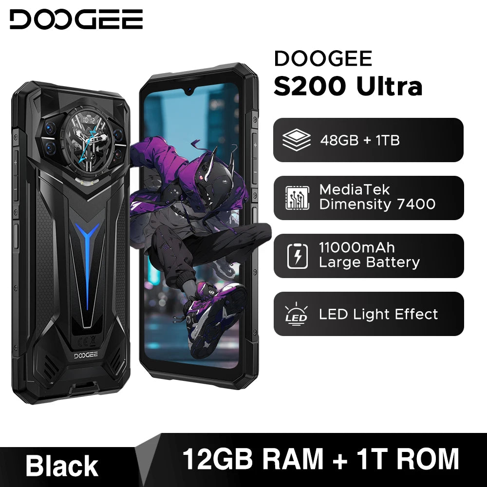 DOOGEE S200 Ultra 5G Rugged Phone 48GB+1TB Dimensity 7400 11000mAh Battery 66W 6.72” FHD+120Hz Breathing Light NFC Smartphone