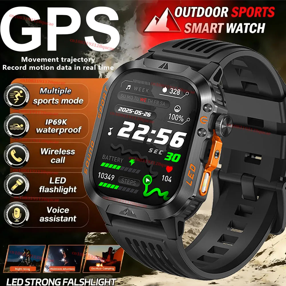 2026 New Military-grade Smart Watch Men GPS Flashlight 3ATM Waterproof Watch Bluetooth Call 100+Sport Outdoor Smartwatch Pk MA27