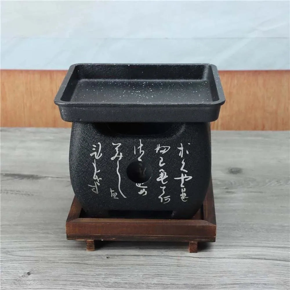 Japanese Style Charcoal Stove with Grill Net Carbon Stove Portable Charcoal Grill Square Wooden Board Mini Square Text Stove