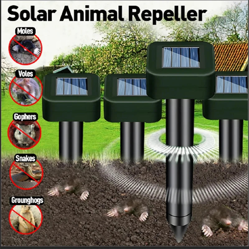 2Pcs Solar Outdoor Mole Groundhog Repellent Stakes Ultrasonic Gopher Repeller Vole Deterrent Waterproof Sonic Repellent Spikes
