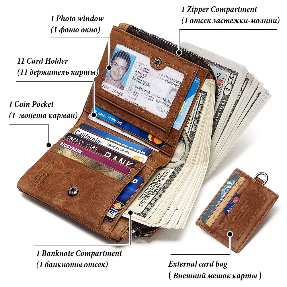 KAVIS Crazy Horse Leather Men Wallets Vintage Cowboy Travel Wallet Card Holder Fashion Coin Purse for Women with Extenal Cardbag