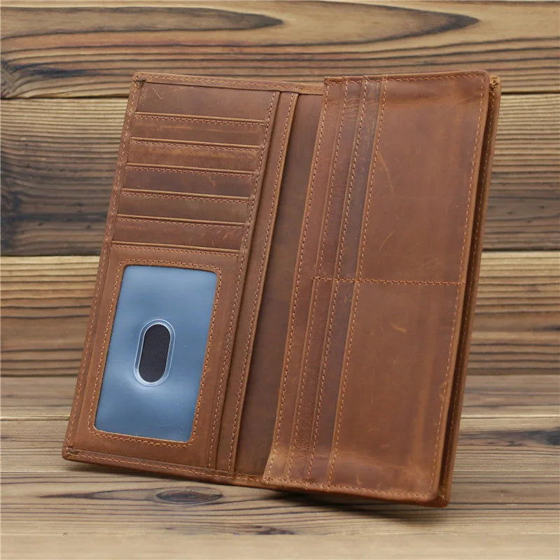 Crazy Horse Leather Men's Long Wallets Bifold Genuine Leather Pure First Layer Cowhide Retro Wallet
