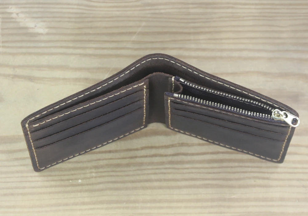 Luxury Handmade Genuine Leather Men Wallet Bifold Purse Male Wallets Short Money Clip Vintage Leather Money Bag with zip pocket