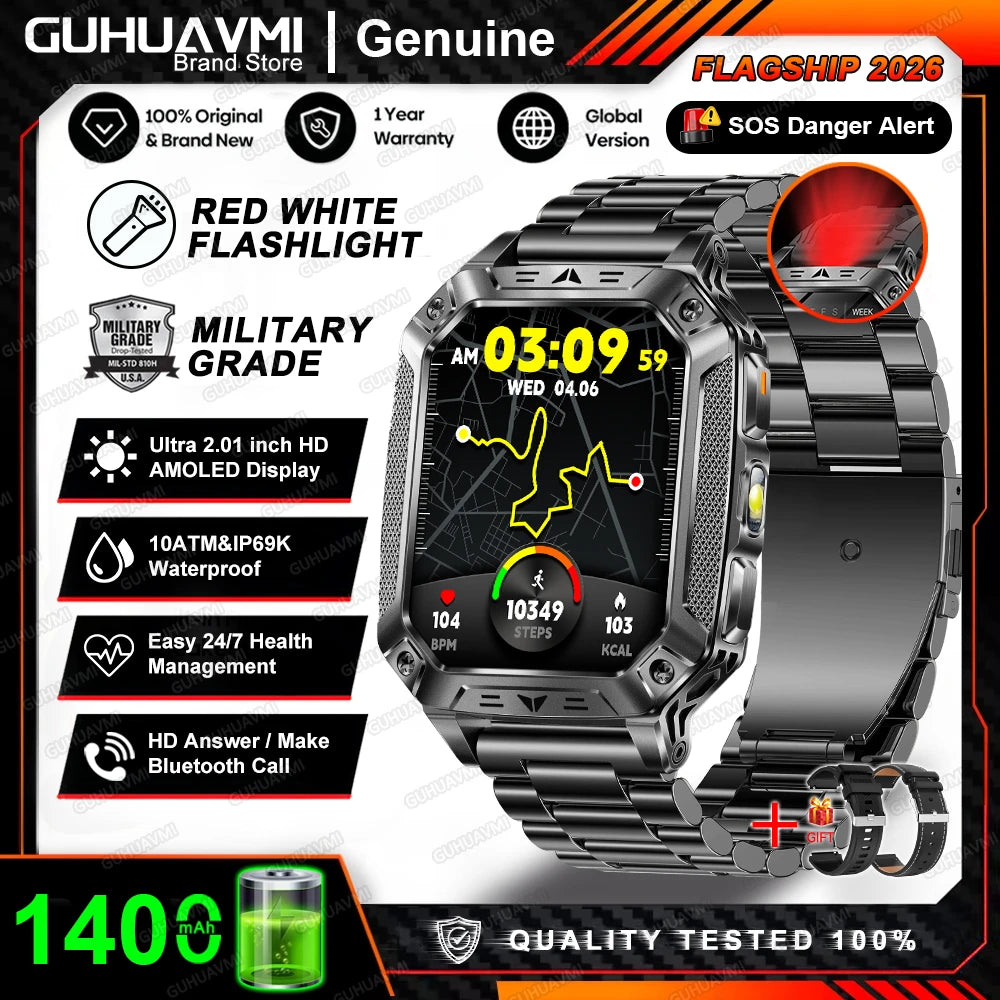2026 New Military Grade 1400mAh Battery Smart Watch GPS Tracks 5ATMWaterproof Flashlight Heart Rate 2.1" Durable Smartwatch Men