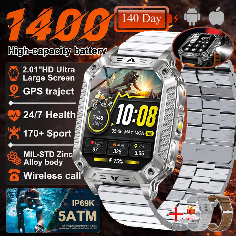2026 Military 5ATM Waterproof Smart Watch Men 1400mAh Battery GPS Tracks 2.01" HD AMOLED Bluetooth call Sport Fitness Smartwatch