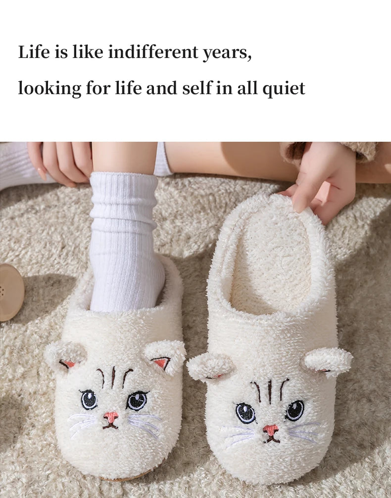 Cute Cat Design Plush Ladies Slippers Autumn And Winter Indoor Floor Non-Slip Soft Bottom Comfortable Warm Home Shoes for Unisex