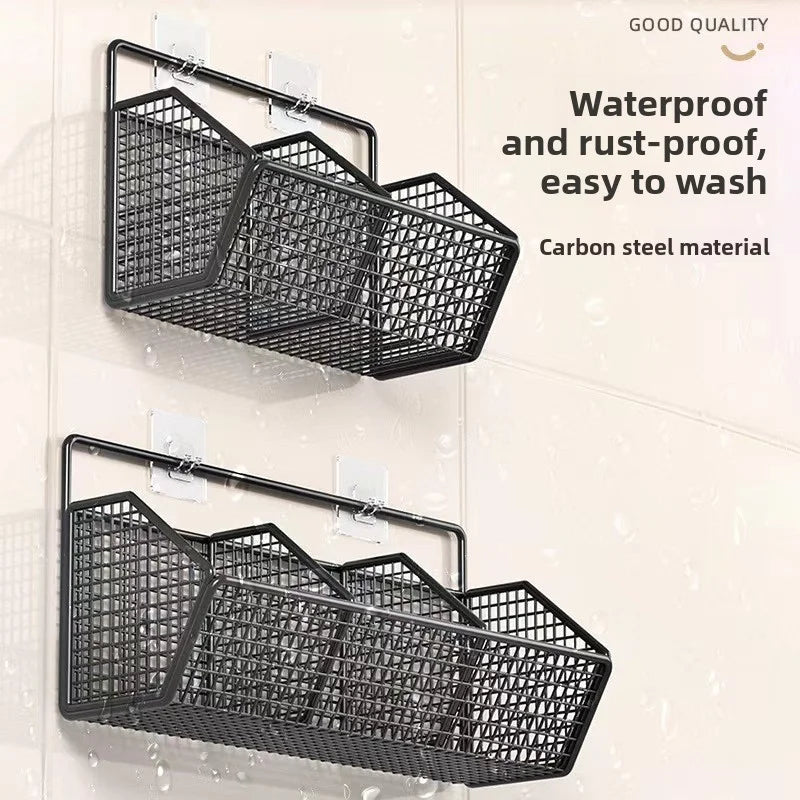 AOBT Wall-Mounted Green Onion Ginger Garlic Storage Rack Punch-Free Kitchen Multi-Functional Basket Organizer for Spices Herbs