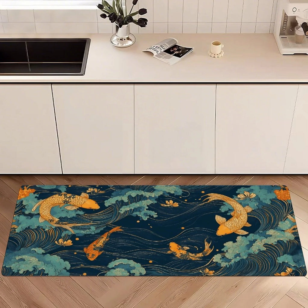 Japanese Koi Fish Kitchen Runner Rug, Non-Slip Washable Floor Mat with Ocean Wave Art Print for Kitchen, Bedroom, Bathroom Area