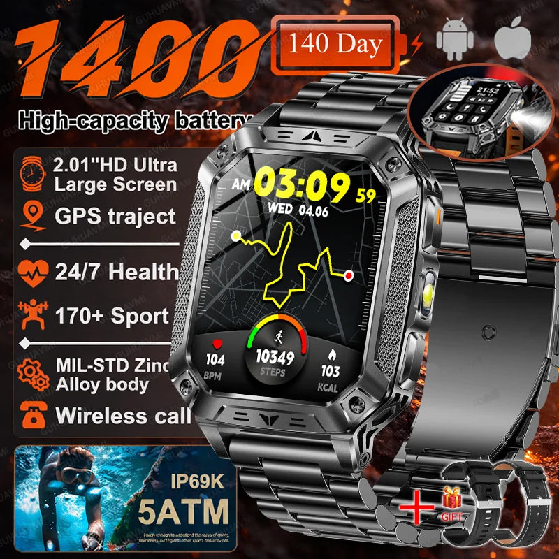 2026 Military 5ATM Waterproof Smart Watch Men 1400mAh Battery GPS Tracks 2.01" HD AMOLED Bluetooth call Sport Fitness Smartwatch