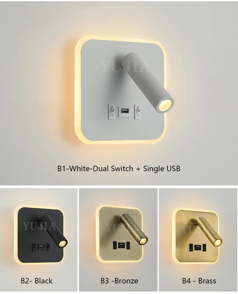 Contemporary Multifunctional LED Wall Sconce with Switch Modern Adjustable Reading Lamp USB Charging Ports for Bedrooms Offices
