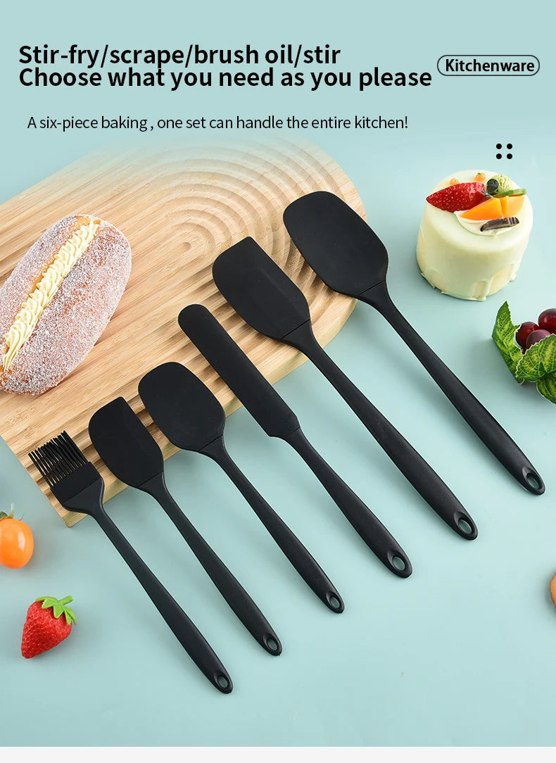 Silicone kitchenware 6-piece set, cream  scraper, spatula, oil brush, size scraper set baking tool，Non-integrated hand