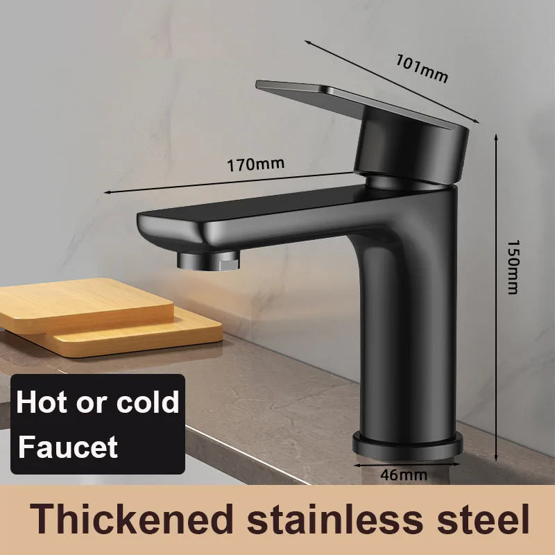 Black Basin Faucet Thickened Stainless Steel Bathroom Hot and Cold Mixer Faucets Vanity Bathroom Sink Faucets