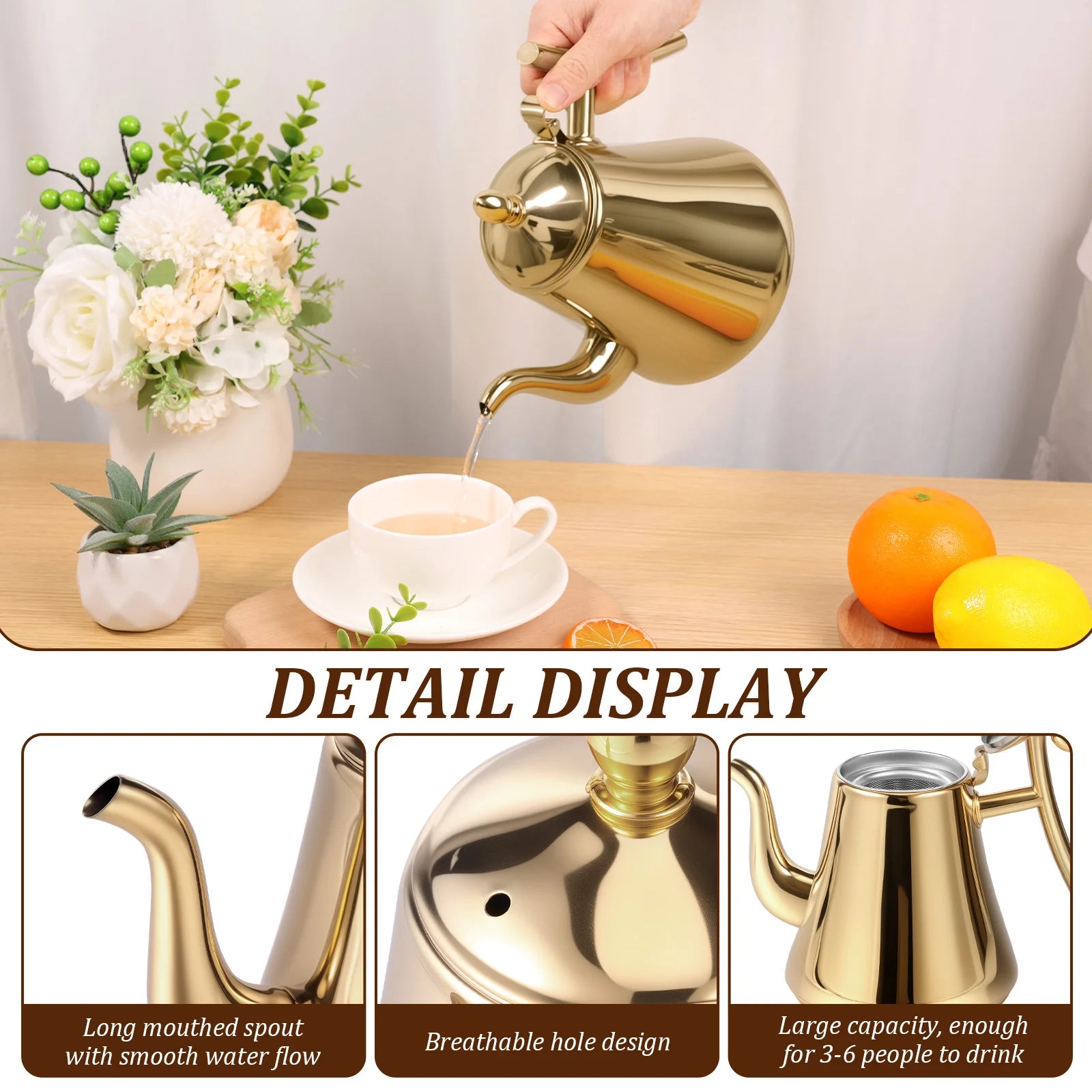 2L Stainless Steel Tea Pot Large Capacity Tea Kettle with Removable Strainer Induction Cookers Gas Stoves Water Pot Drinkware