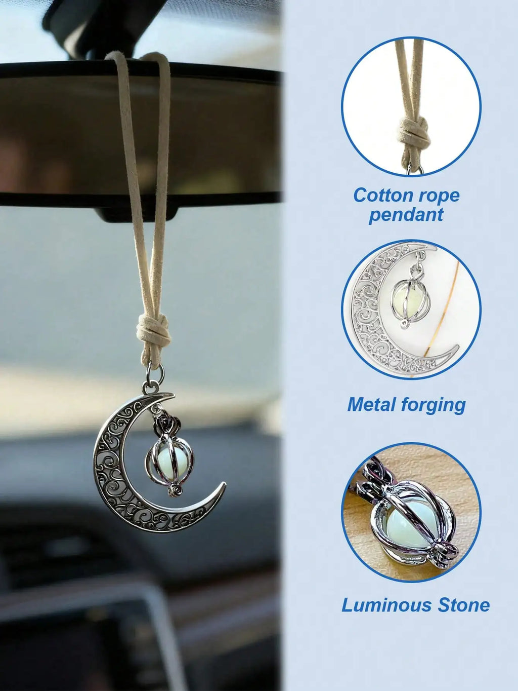 Luminous Moon Pendant Car Hanging Ornament – Hollow Crescent Design, Inlaid with Luminous Stone, Elegant Rearview Mirror Decor