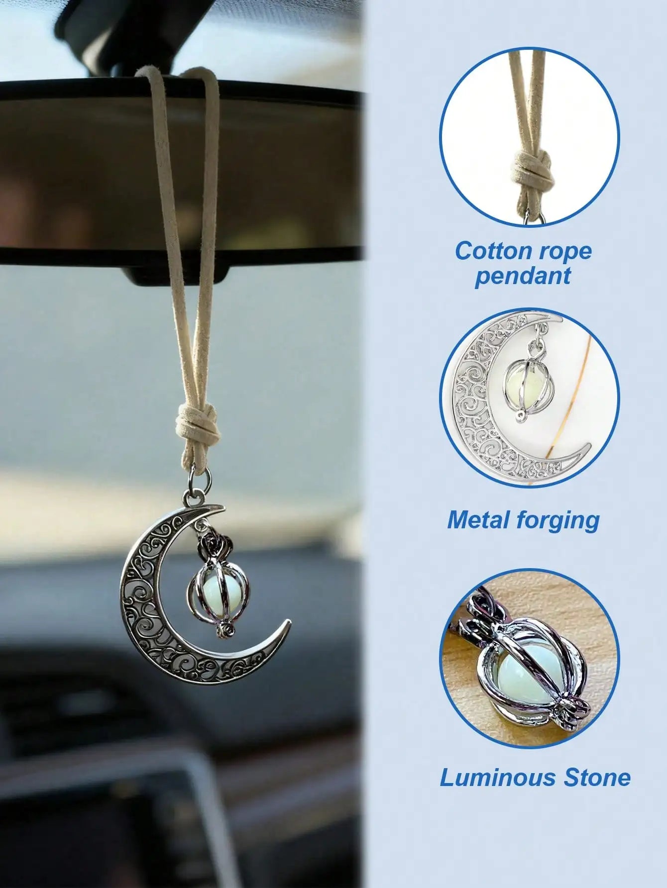 Luminous Moon Pendant Car Hanging Ornament – Hollow Crescent Design, Inlaid with Luminous Stone, Elegant Rearview Mirror Decor