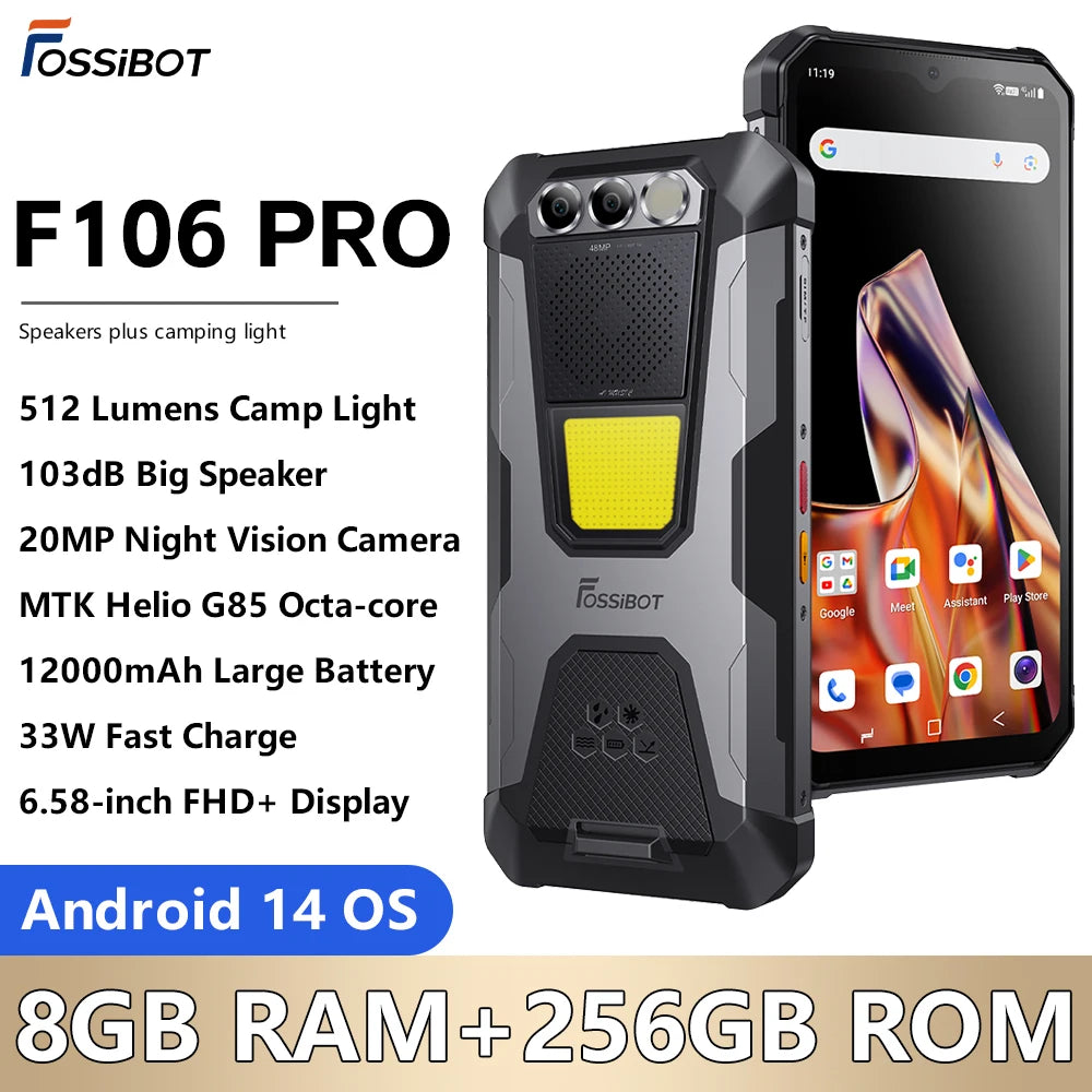 FOSSiBOT F106 PRO MTK G85,Android 14,15GB(8+7GB Extended) 256GB ROM Rugged Smartphone,12000mAh Battery 48MP Camera,NFC