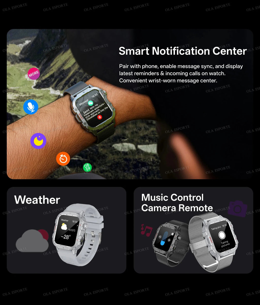 New Military Smart Watch Men Health Monitor 5ATM Waterproof Outdoor Sport Tracker BT Voice Call LED Flashlight Smartwatch HW12