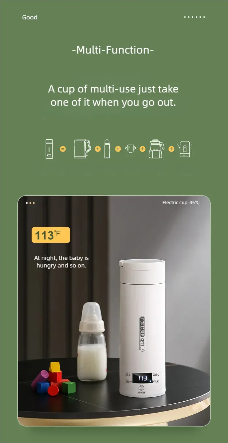 JFBONIN Electric Kettles Portable Tea Coffee Kettle Travel Boil Water Thermal Cup Anti-Scald Water Bottle English Menu