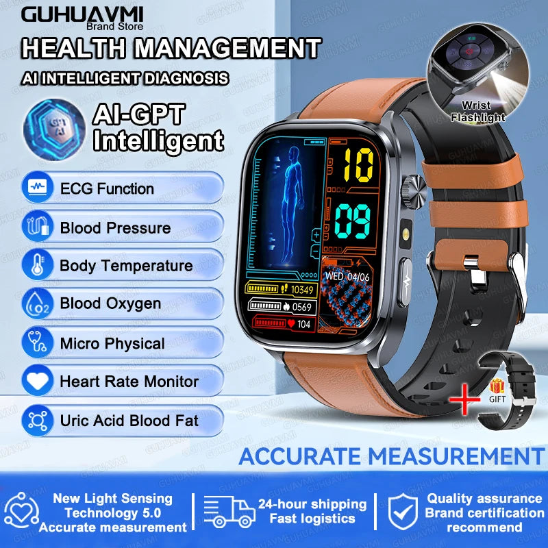 2026New Accurate Diagnosis Smart Watch ECG Blood Oxygen BP Uric Acid Lipids HD AMOLED Screen BT Call Health Smartwatch Men Women