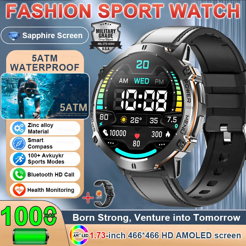 2025 New Military TREX3 1000mAh Battery Smart Watch 1.73-inch Screen 5ATM Waterproof GPS Altimeter Bluetooth Call Men Smartwatch