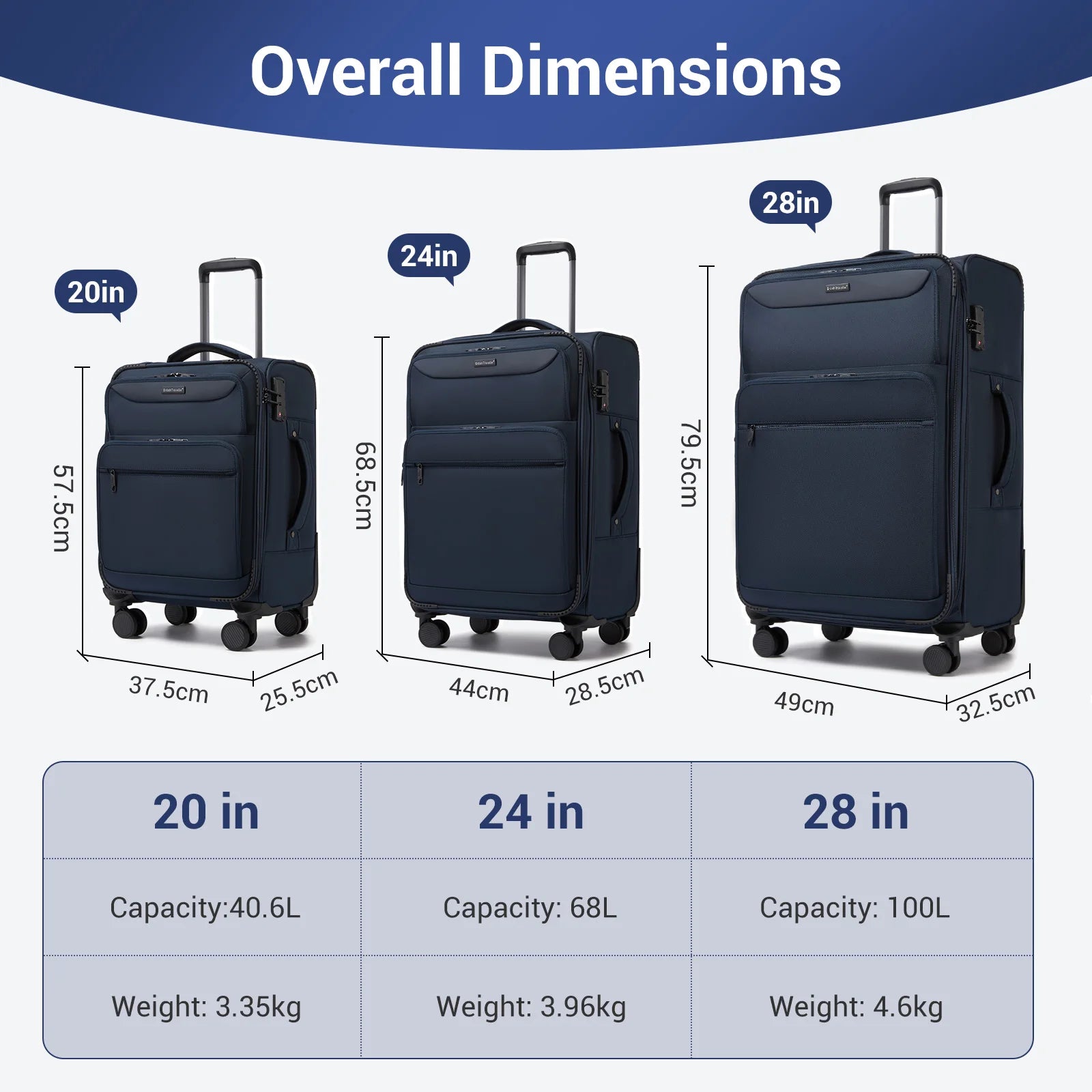 British Traveller - Suitcase Adjustable Handle, 4 Spinner Wheels, Lightweight, TSA Lock - Recycled Polyester Luggage （S/M/L)