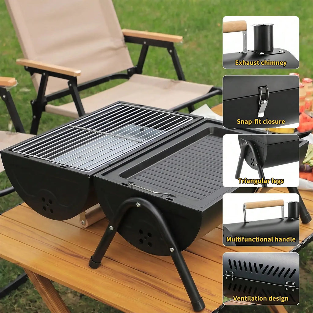 Portable Charcoal Grill - Compact Double Grill with Grill Plate for Camping, Picnics and Garden Use