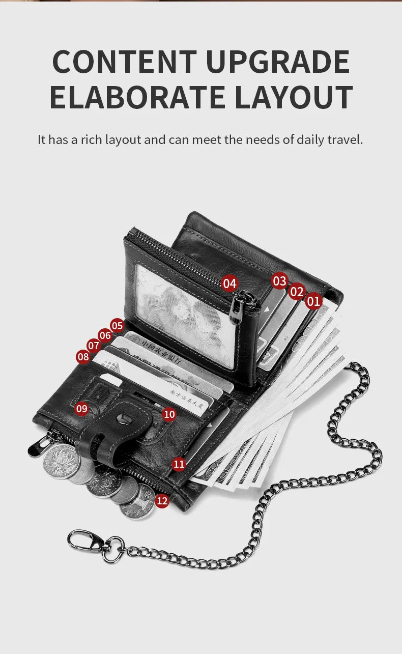 Bullcaptain Genuine Leather Men's Wallet Fashion Quality Travel Purse Rfid Protect Credit Card Holder Wollst for Men with Chain