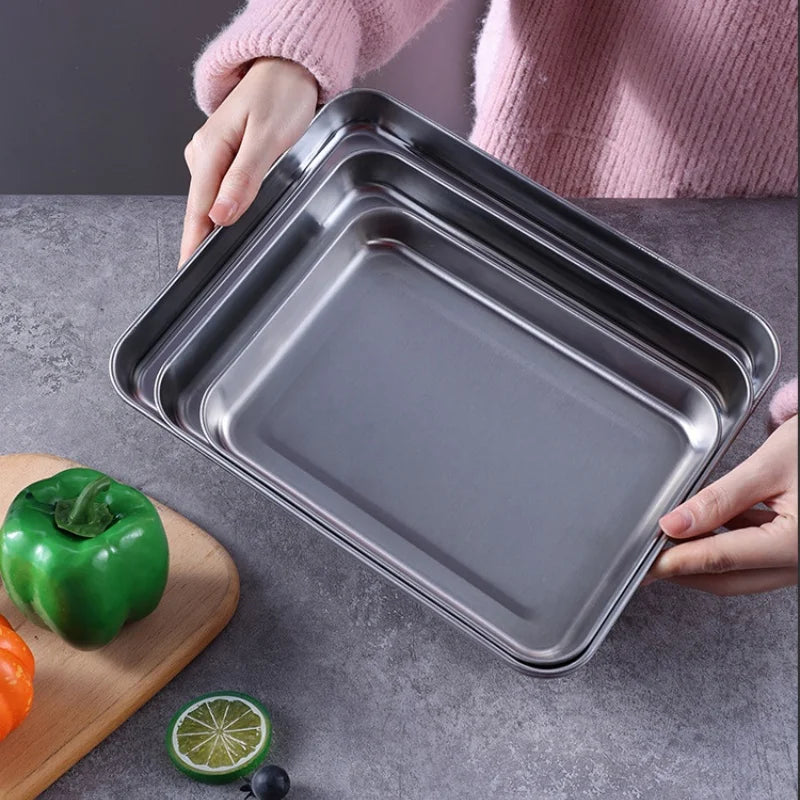 Flat Bottom 430 Stainless Steel Square Plate Oven Safe BBQ Grill Pan Drain Tray Oil Drip Rack Prep Plate for Roasting Grilling