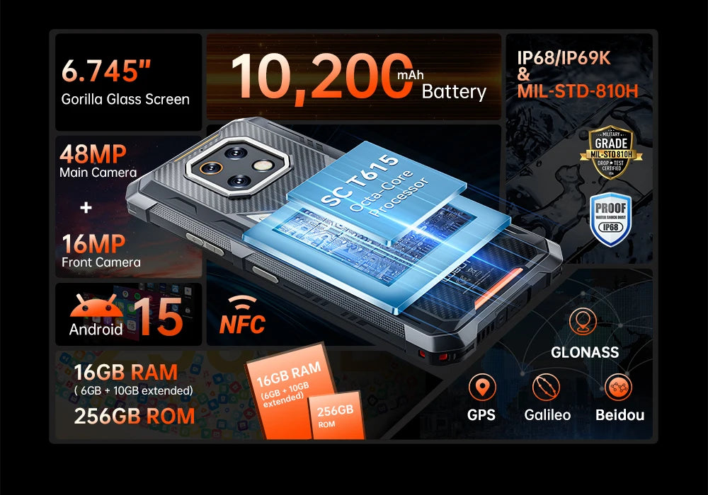 Cubot Rugged Smartphone Android 15 King Kong ES 3, 10200mAh Battery, Up to 16GB+256GB, 6.745" Screen, 120Hz,48MP Camera, NFC,GPS