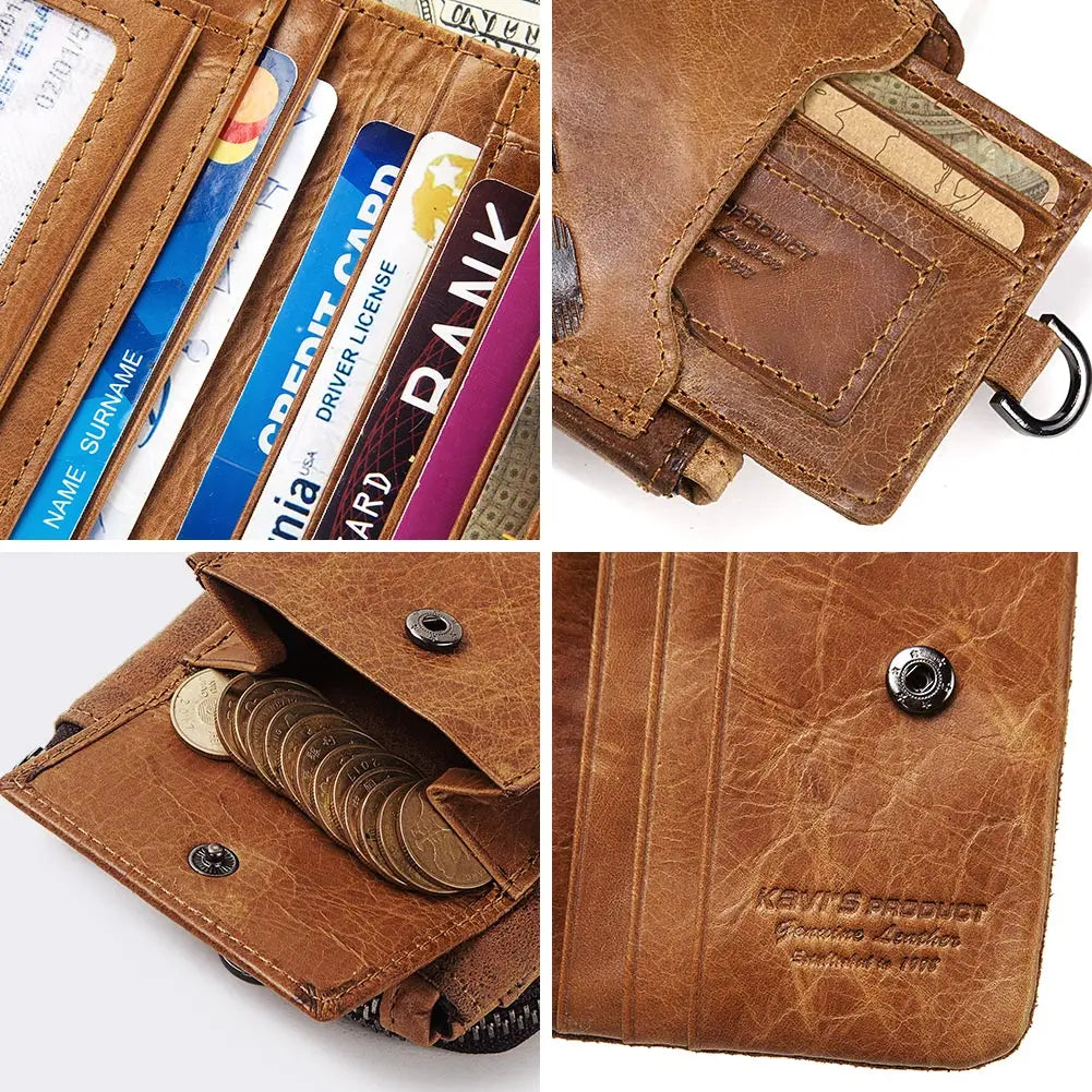 KAVIS Crazy Horse Leather Men Wallets Vintage Cowboy Travel Wallet Card Holder Fashion Coin Purse for Women with Extenal Cardbag