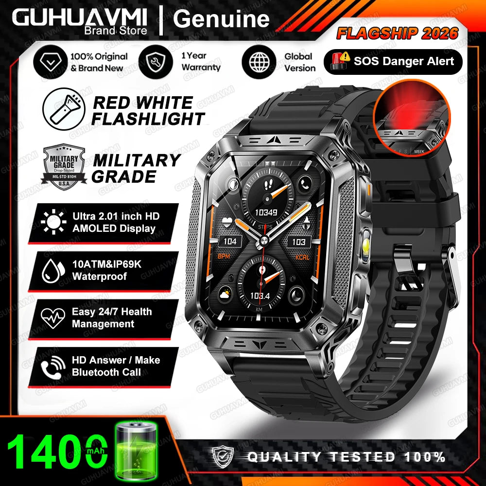 2026 New Military Grade 1400mAh Battery Smart Watch GPS Tracks 5ATMWaterproof Flashlight Heart Rate 2.1" Durable Smartwatch Men