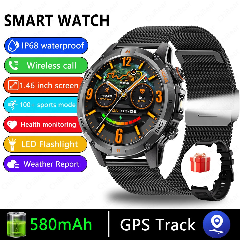 2025 New Professional GPS Sports Smart Watch Outdoor RIDE Run GPS track Swim Watchs Compass 3ATM Sports Bluetooth Call Watch Men