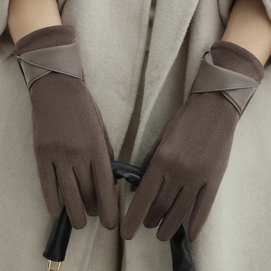 Korean version of warm gloves for women's winter fashion, simple temperament, and velvet anti cold touch screen riding windproof