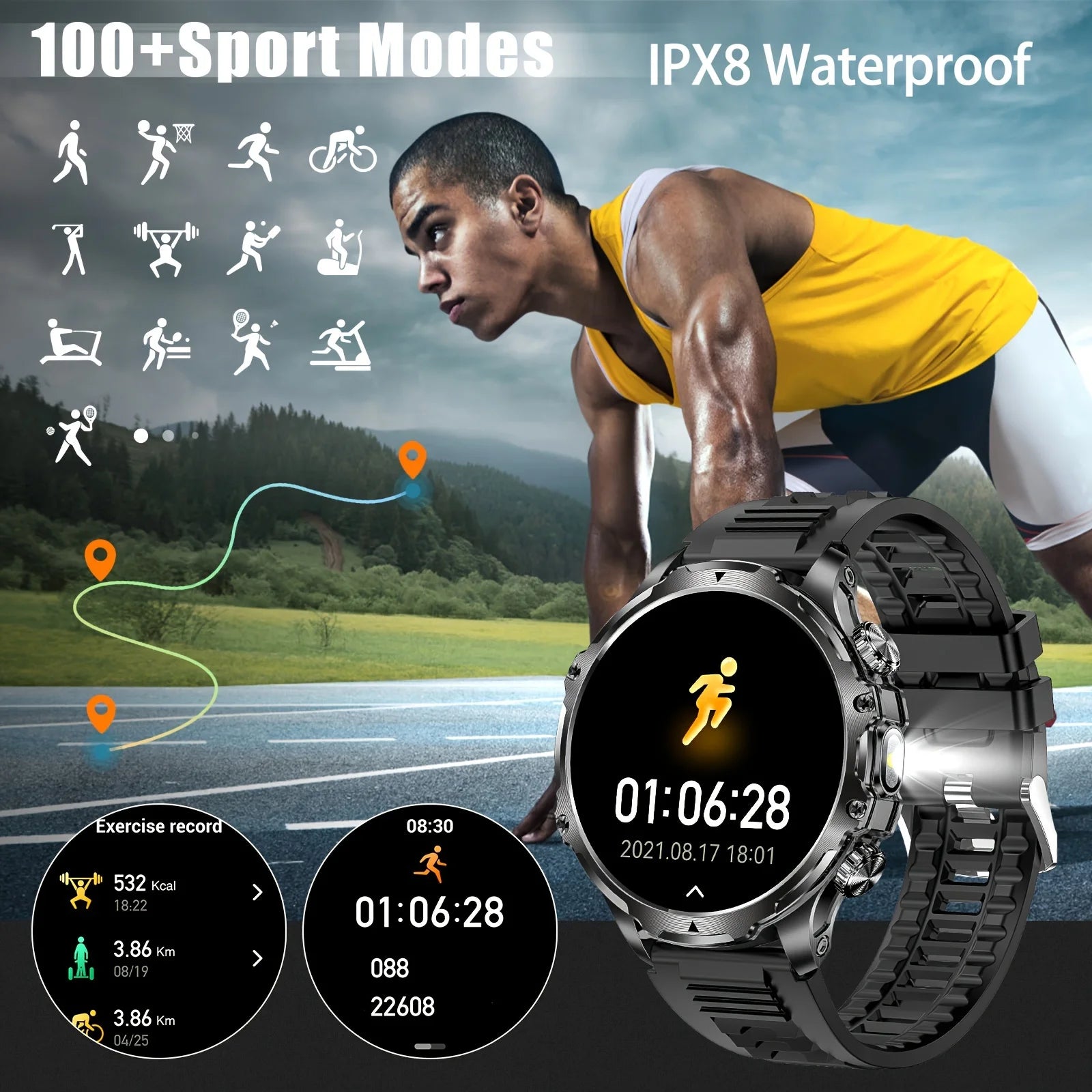 New 1000mah Long Standby AMOLED Smart Watch Men Sports Fitness LED Flashlight 3ATM Waterproof BT Call Smartwatch Men +GiFt