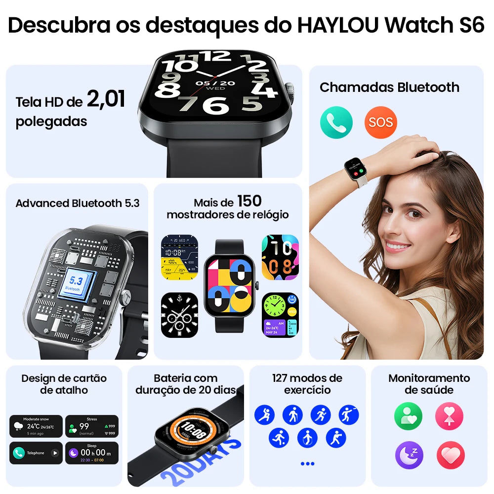 HAYLOU Watch S6 Smartwatch 2.01" HD Display Smart Watch Bluetooth Voice Callings IP68 Waterproof Fitness Tracking Smartwatch